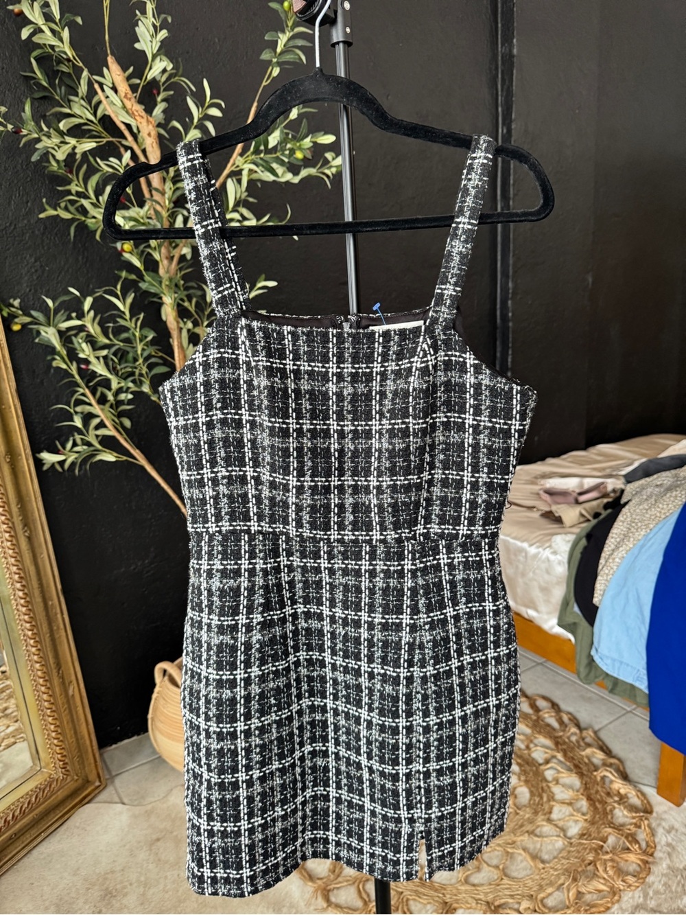 Francesca's Collections Black & White Tweed Square-Neck Mini Dress